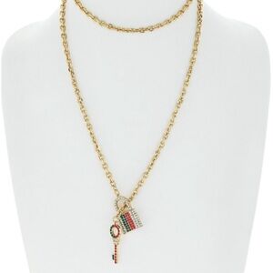 Lock and Key Necklace Crystal Rhinestone Multi Strand Necklace in Gold